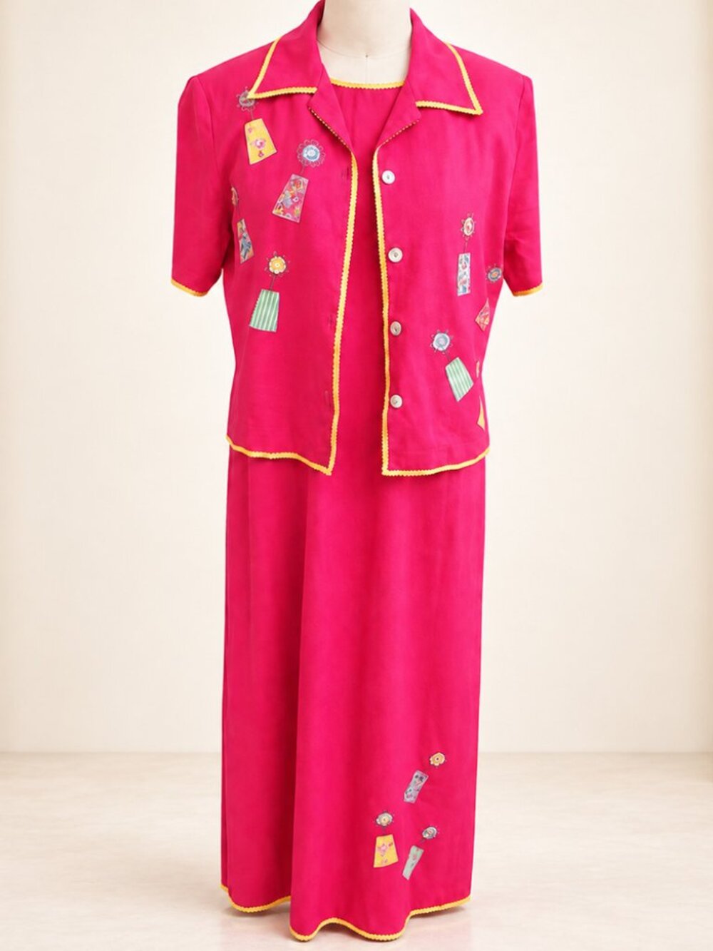 Citi Pink 2pc Floral Applique Shirt Dress Set Linen Blend Size 6